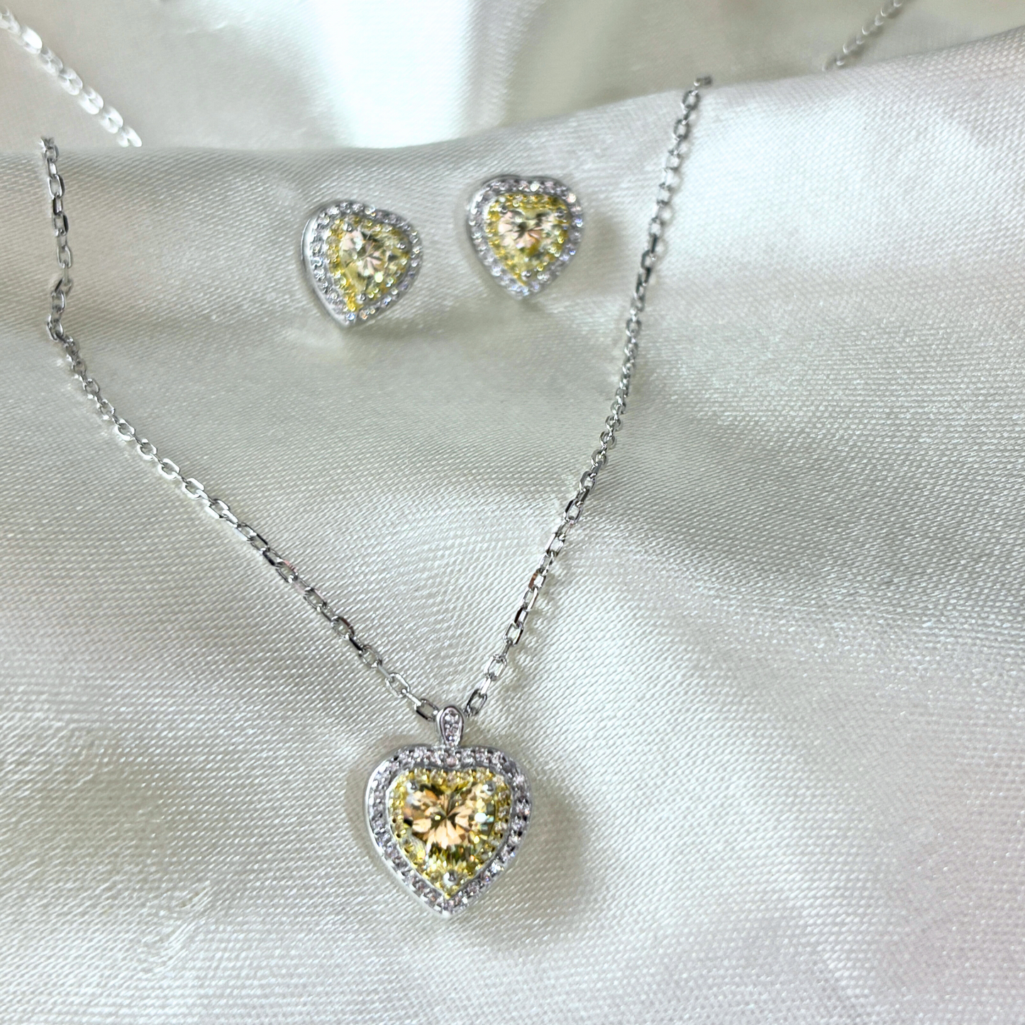 Sunshine Sparkle Yellow Heart Pendant Earrings Set