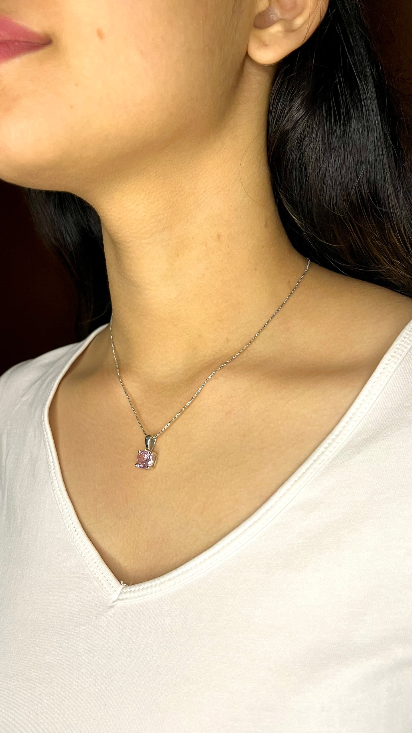 Silver Pink Solitaire Pendant with Chain