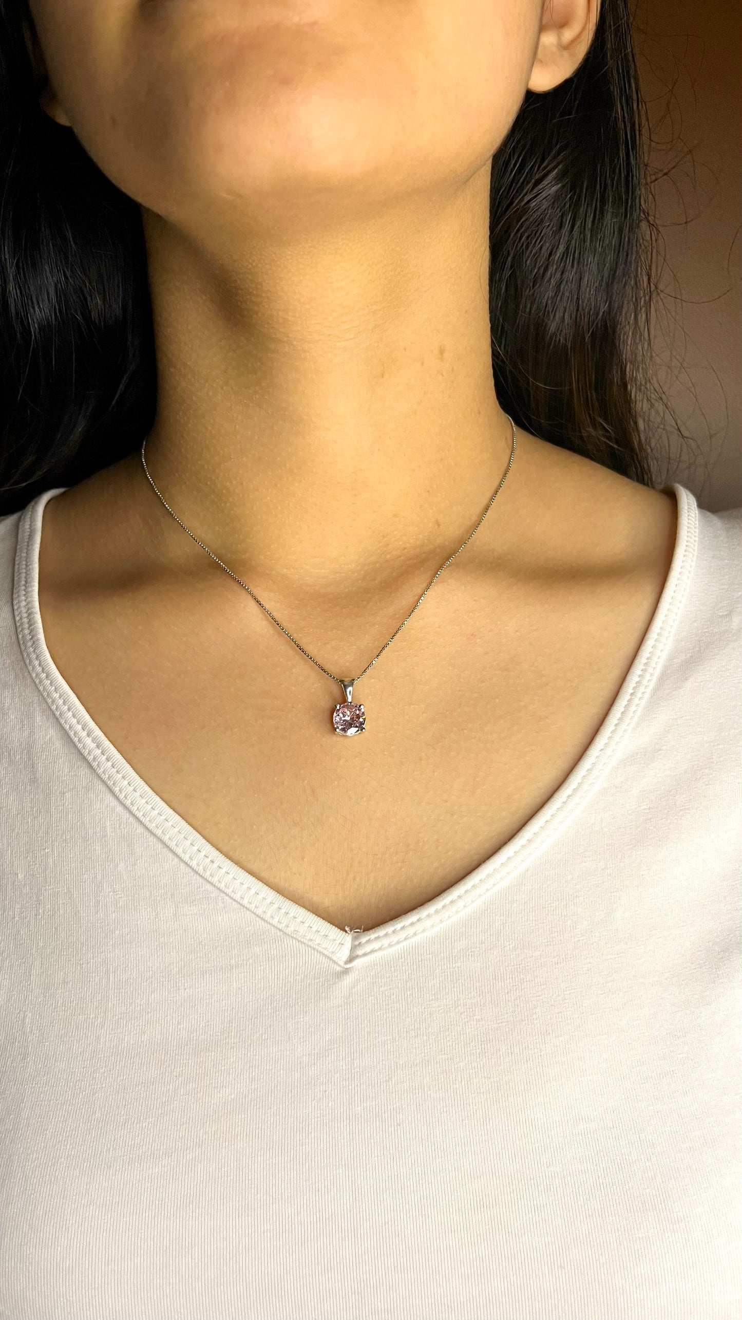 Silver Pink Solitaire Pendant with Chain
