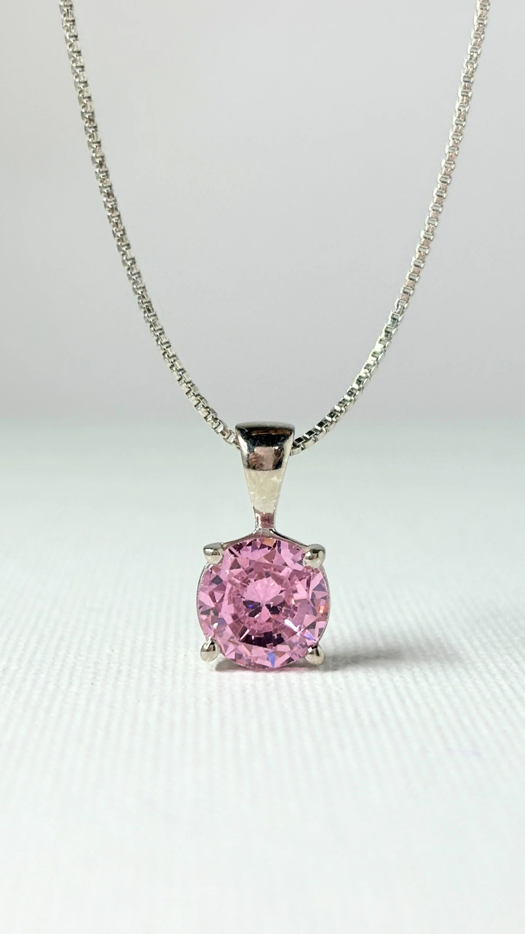 Silver Pink Solitaire Pendant with Chain